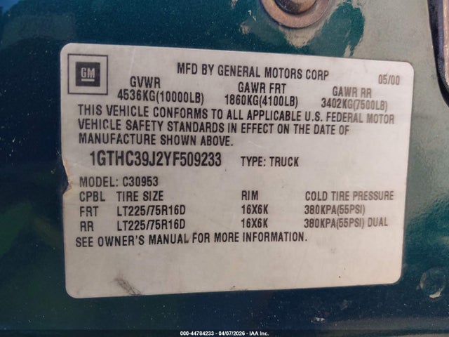 Aukcja sprzedaży 2000 Gmc Sierra 3500 Classic Sl, vin: 1GTHC39J2YF509233, numer aukcji: 44784233