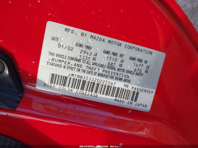 Aukcja sprzedaży 2002 Mazda Mx-5 Miata Cloth/ls/se, vin: JM1NB353320225567, numer aukcji: 44784234