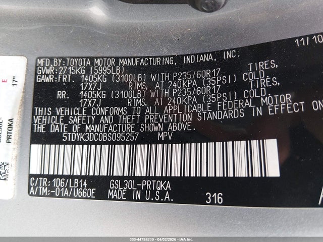 Продаж на аукціоні авто 2011 Toyota Sienna Xle V6, vin: 5TDYK3DC0BS095257, номер лоту: 44784239