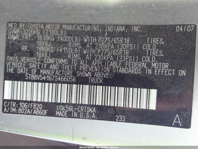 44784243 :رقم المزاد ، 5TBBV54167S466056 vin ، 2007 Toyota Tundra Sr5 5.7l V8 مزاد بيع