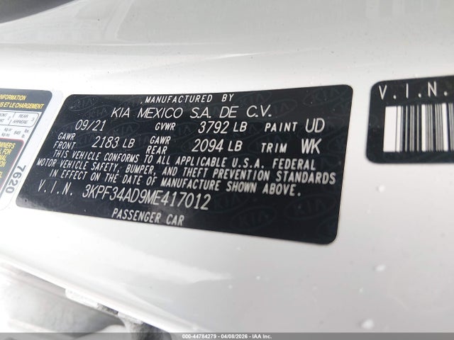 44784279 :رقم المزاد ، 3KPF34AD9ME417012 vin ، 2021 Kia Forte Gt-line مزاد بيع