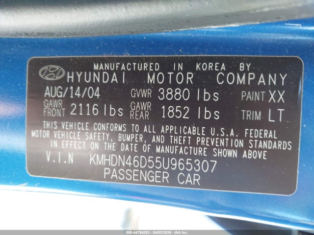 Aukcja sprzedaży 2005 Hyundai Elantra Gls/gt, vin: KMHDN46D55U965307, numer aukcji: 44784283