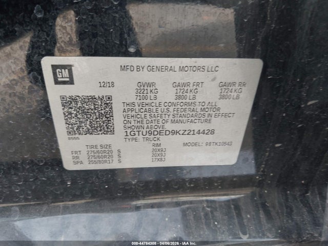 Aukcja sprzedaży 2019 Gmc Sierra 1500 Slt, vin: 1GTU9DED9KZ214428, numer aukcji: 44784308