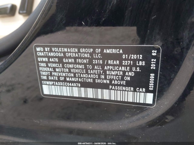 Aukcja sprzedaży 2012 Volkswagen Passat 2.5l Se, vin: 1VWBP7A3XCC044979, numer aukcji: 44784311