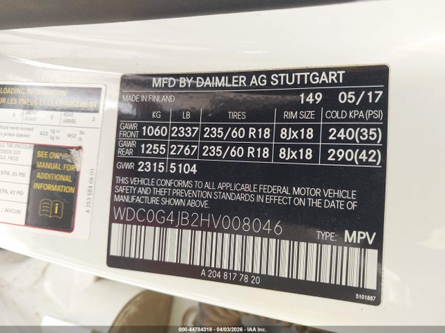 Продажа на аукционе авто 2017 Mercedes-benz Glc 300, vin: WDC0G4JB2HV008046, номер лота: 44784318