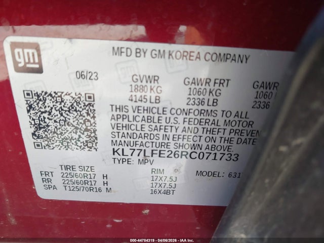 Aukcja sprzedaży 2024 Chevrolet Trax Fwd Sp, vin: KL77LFE26RC071733, numer aukcji: 44784319