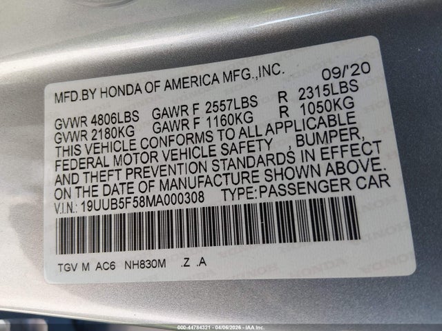 44784321 :رقم المزاد ، 19UUB5F58MA000308 vin ، 2021 Acura Tlx A-spec Package مزاد بيع