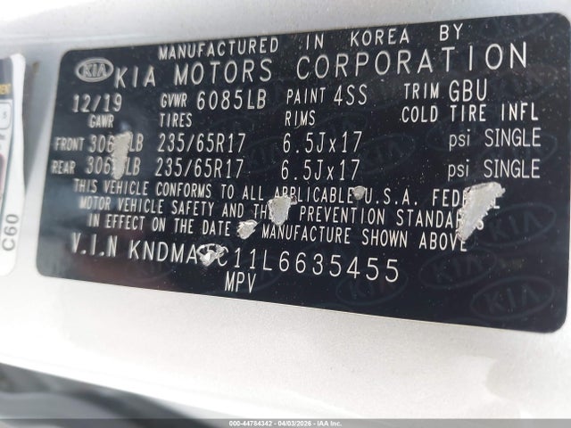 2020 Kia Sedona L მანქანა იყიდება აუქციონზე, vin: KNDMA5C11L6635455, აუქციონის ნომერი: 44784342
