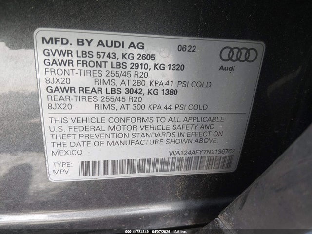 Aukcja sprzedaży 2022 Audi Sq5 Sportback Premium Plus Tfsi Quattro Tiptronic, vin: WA124AFY7N2136762, numer aukcji: 44784349