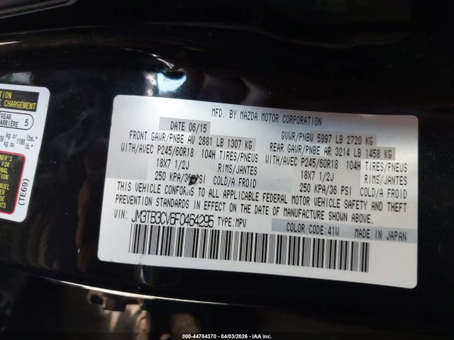 44784370 :رقم المزاد ، JM3TB3CV6F0464295 vin ، 2015 Mazda Cx-9 Touring مزاد بيع