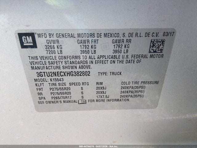 44784376 :رقم المزاد ، 3GTU2NECXHG382802 vin ، 2017 Gmc Sierra 1500 Slt مزاد بيع