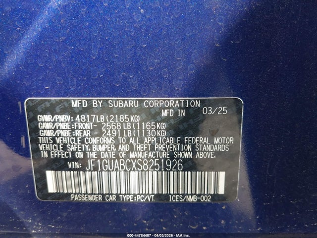 Aukcja sprzedaży 2025 Subaru Impreza Base 5-door, vin: JF1GUABCXS8251926, numer aukcji: 44784407