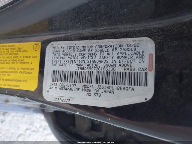 Продаж на аукціоні авто 2002 Lexus Gs 300, vin: JT8BD69S720166196, номер лоту: 44784418
