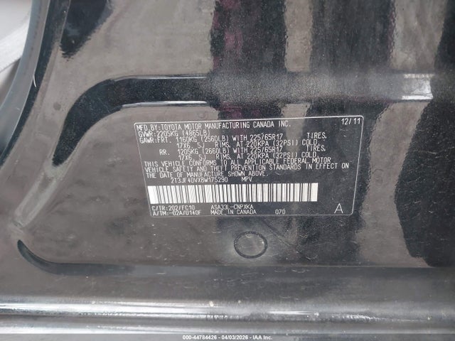 44784426 :رقم المزاد ، 2T3JF4DVXBW175290 vin ، 2011 Toyota Rav4 مزاد بيع