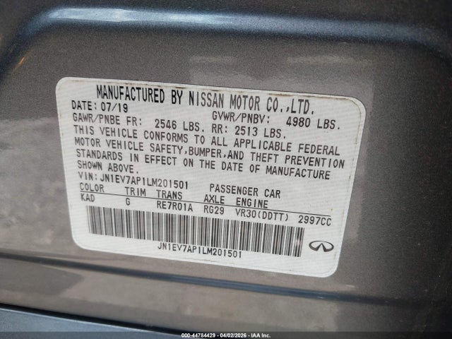 44784429 :رقم المزاد ، JN1EV7AP1LM201501 vin ، 2020 Infiniti Q50 Luxe مزاد بيع