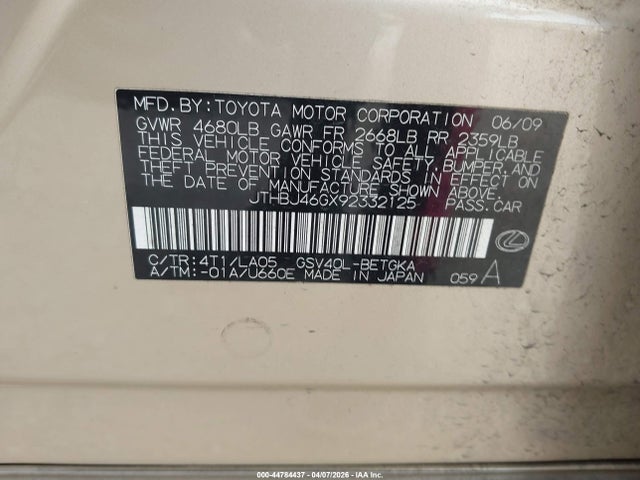 44784437 :رقم المزاد ، JTHBJ46GX92332125 vin ، 2009 Lexus Es 350 مزاد بيع