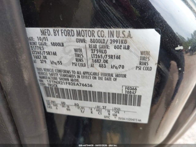 Продажа на аукционе авто 2002 Ford F-250 Lariat/xl/xlt, vin: 1FTNX21F82EA76636, номер лота: 44784439