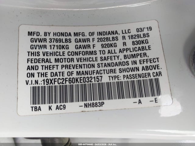 Honda Civic Lx 2019 19XFC2F60KE032157 Image 9