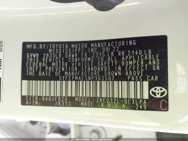 Продажа на аукционе авто 2022 Toyota Corolla Le, vin: 5YFEPMAE5NP363507, номер лота: 44784443
