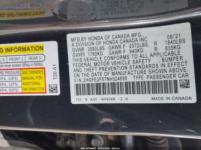 44784445 :رقم المزاد ، 2HGFE2F57NH524695 vin ، 2022 Honda Civic Sport مزاد بيع