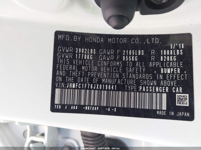 44784447 :رقم المزاد ، JHMFC1F76JX019641 vin ، 2018 Honda Civic Ex-l مزاد بيع