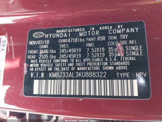 Auction sale of the 2019 Hyundai Tucson Sport, vin: KM8J33AL3KU888322, lot number: 44784451
