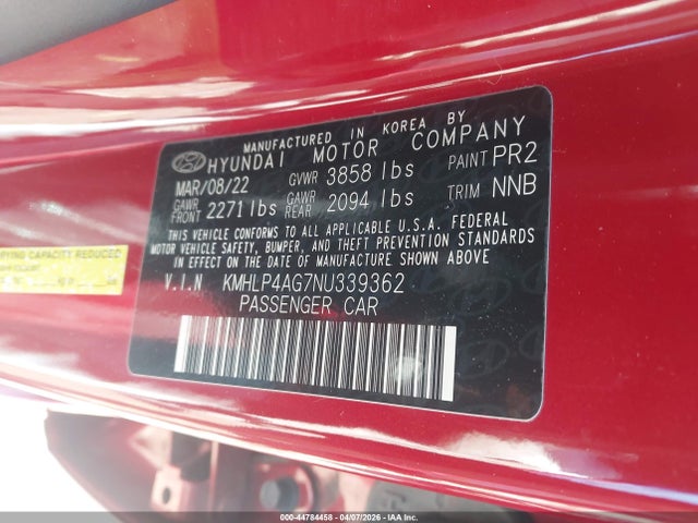 44784458 :رقم المزاد ، KMHLP4AG7NU339362 vin ، 2022 Hyundai Elantra Limited مزاد بيع