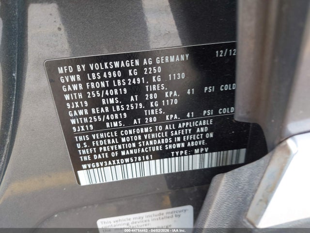 Продаж на аукціоні авто 2013 Volkswagen Tiguan Sel, vin: WVGBV3AXXDW578161, номер лоту: 44784462