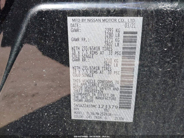44784469 :رقم المزاد ، 5N1AZ2AS9MC123379 vin ، 2021 Nissan Murano S Intelligent Awd مزاد بيع