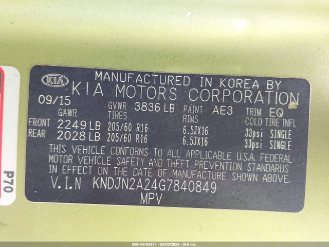 44784471 :رقم المزاد ، KNDJN2A24G7840849 vin ، 2016 Kia Soul ! مزاد بيع