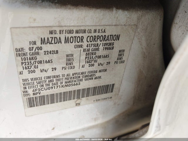 44784485 :رقم المزاد ، 4F2CU09171KM05663 vin ، 2001 Mazda Tribute Es V6/lx V6 مزاد بيع