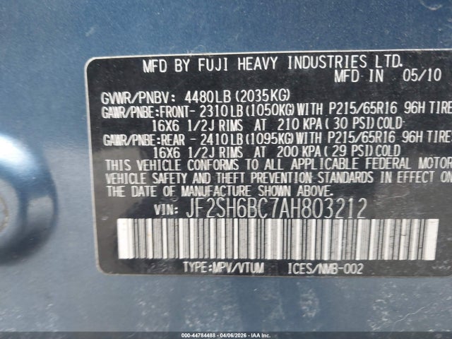 Aukcja sprzedaży 2010 Subaru Forester 2.5x, vin: JF2SH6BC7AH803212, numer aukcji: 44784488