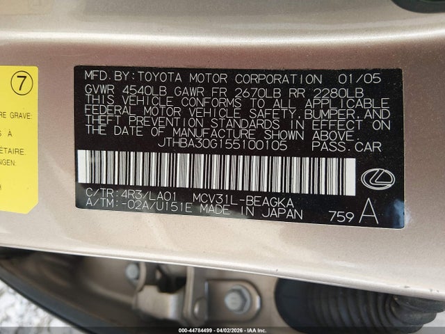 Продажа на аукционе авто 2005 Lexus Es 330, vin: JTHBA30G155100105, номер лота: 44784499