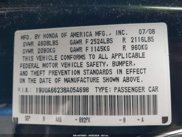 Продаж на аукціоні авто 2008 Acura Tl 3.2, vin: 19UUA66238A054698, номер лоту: 44784501