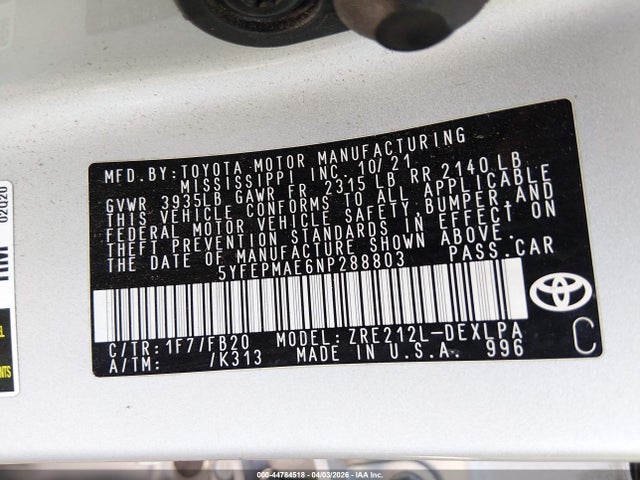 Aukcja sprzedaży 2022 Toyota Corolla Le, vin: 5YFEPMAE6NP288803, numer aukcji: 44784518
