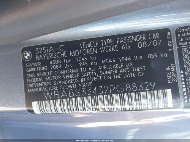 Продажа на аукционе авто 2002 Bmw 325ci, vin: WBABS33432PG88329, номер лота: 44784523