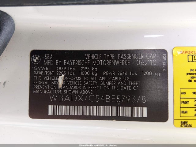 Продаж на аукціоні авто 2011 Bmw 335i, vin: WBADX7C54BE579378, номер лоту: 44784524