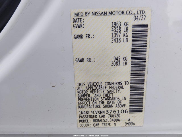 Auction sale of the 2022 Nissan Altima Sr Fwd, vin: 1N4BL4CVXNN376106, lot number: 44784533