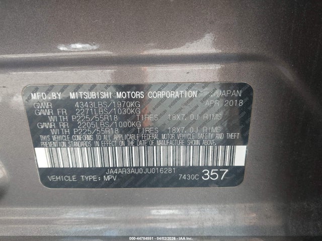 44784551 :رقم المزاد ، JA4AR3AU0JU016281 vin ، 2018 Mitsubishi Outlander Sport 2.0 Es مزاد بيع