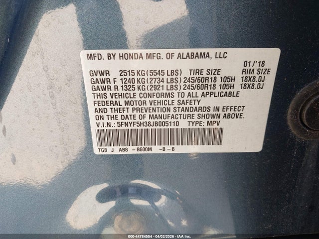 5FNYF5H38JB005110 Honda Pilot Ex
