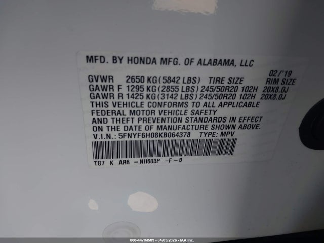 Honda Pilot Elite 2019 5FNYF6H08KB064378 Image 9