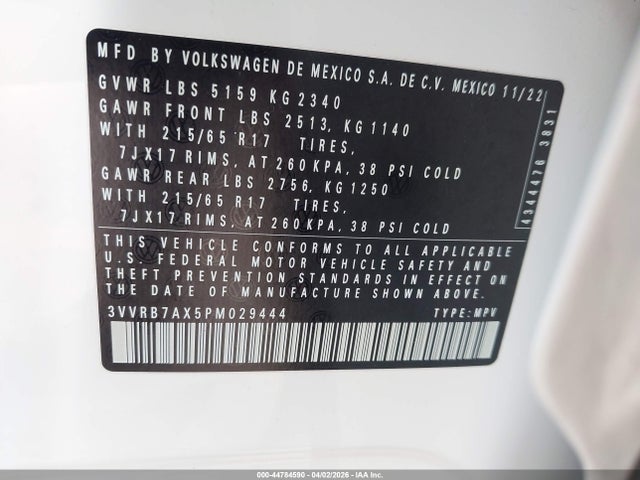 Aukcja sprzedaży 2023 Volkswagen Tiguan 2.0t S, vin: 3VVRB7AX5PM029444, numer aukcji: 44784590