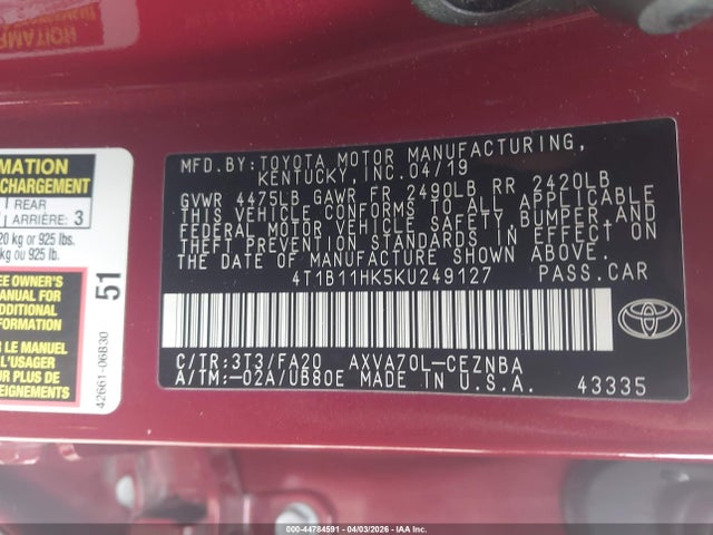 Toyota CAMRY LE 2019 4T1B11HK5KU249127 Image 9