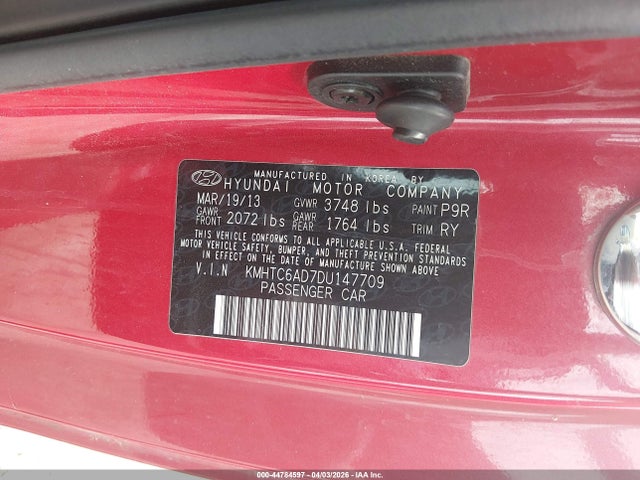 2013 Hyundai Veloster Base W/gray მანქანა იყიდება აუქციონზე, vin: KMHTC6AD7DU147709, აუქციონის ნომერი: 44784597