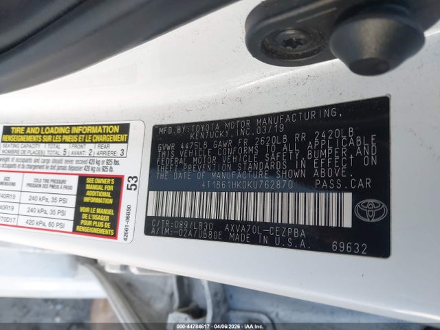4T1B61HK0KU762870 Toyota CAMRY XSE