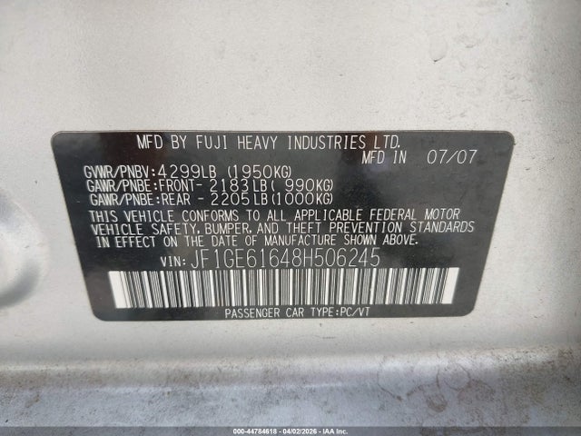 Продаж на аукціоні авто 2008 Subaru Impreza 2.5i, vin: JF1GE61648H506245, номер лоту: 44784618