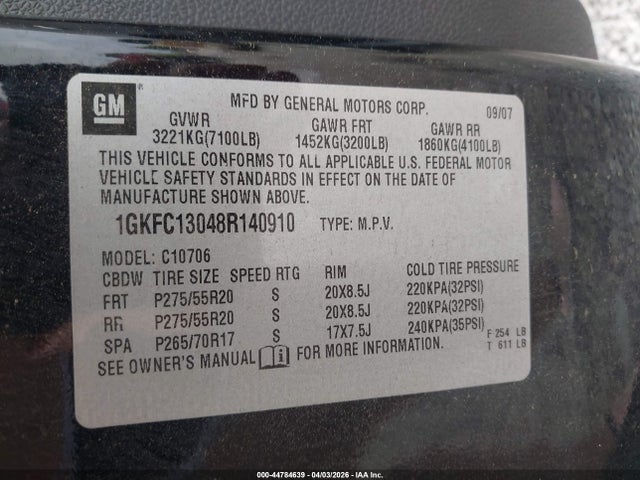Aukcja sprzedaży 2008 Gmc Yukon Slt, vin: 1GKFC13048R140910, numer aukcji: 44784639