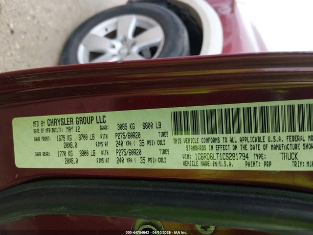2012 Ram 1500 Slt მანქანა იყიდება აუქციონზე, vin: 1C6RD6LT1CS281794, აუქციონის ნომერი: 44784642