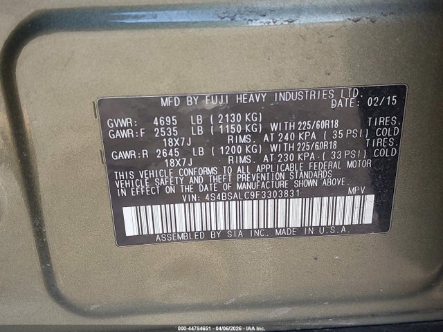 44784651 :رقم المزاد ، 4S4BSALC9F3303831 vin ، 2015 Subaru Outback 2.5i Limited مزاد بيع