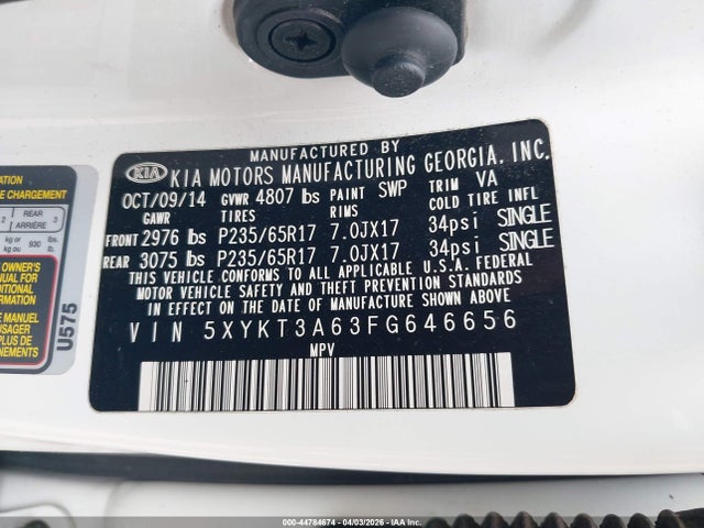 44784674 :رقم المزاد ، 5XYKT3A63FG646656 vin ، 2015 Kia Sorento Lx مزاد بيع